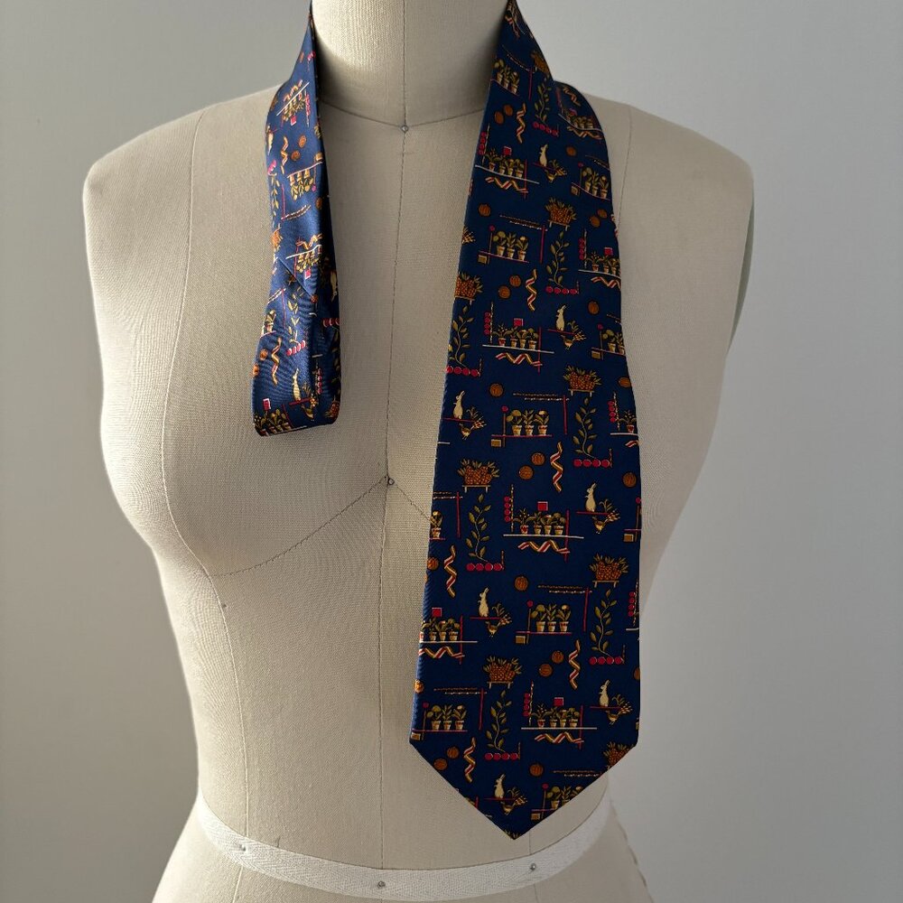 Salvatore Ferragamo Navy Blue Necktie Pineapple and Flower Pot Print Silk Tie